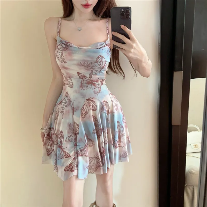 The Temptation Of The Muse Slip Dress Women's Blended Blue Butterfly-4