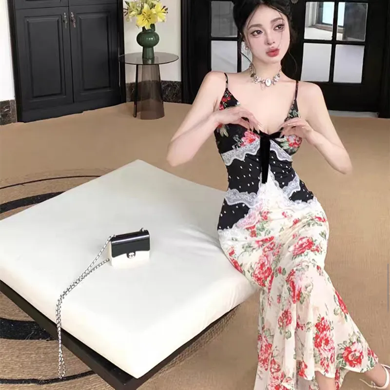 SECFLY OFFICIAL Slip Dress Women's Black White Floral Dress-3