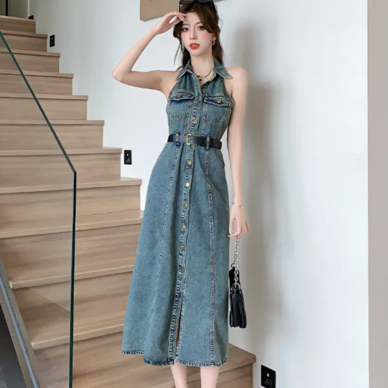 SECFLY OFFICIAL Sleeveless Dress Women's Vintage Dark Blue-6