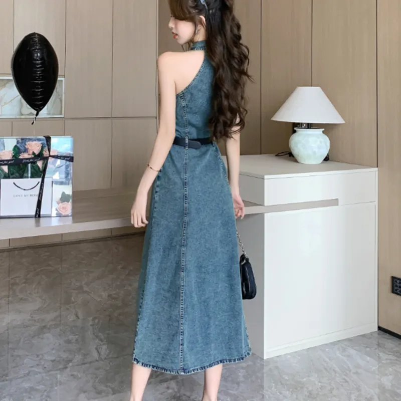 SECFLY OFFICIAL Sleeveless Dress Women's Vintage Dark Blue-7
