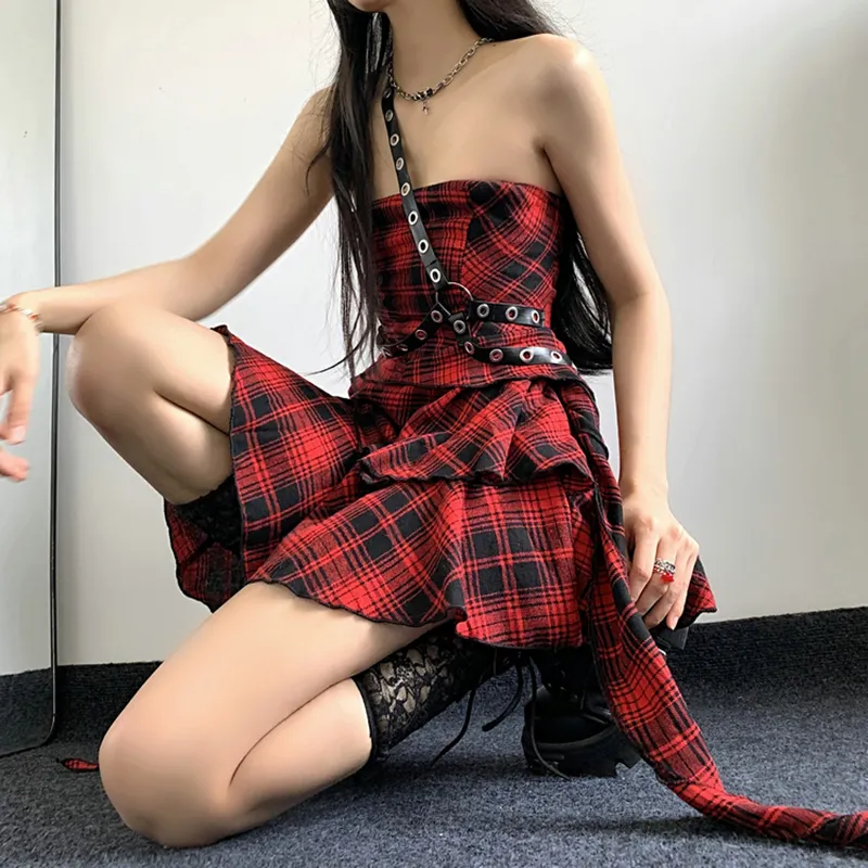 SECFLY OFFICIAL Sleeveless Dress Women's Red Black Plaid-3