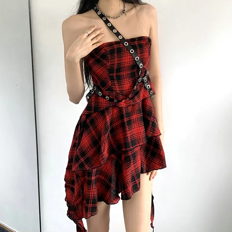 SECFLY OFFICIAL Sleeveless Dress Women's Red Black Plaid-4