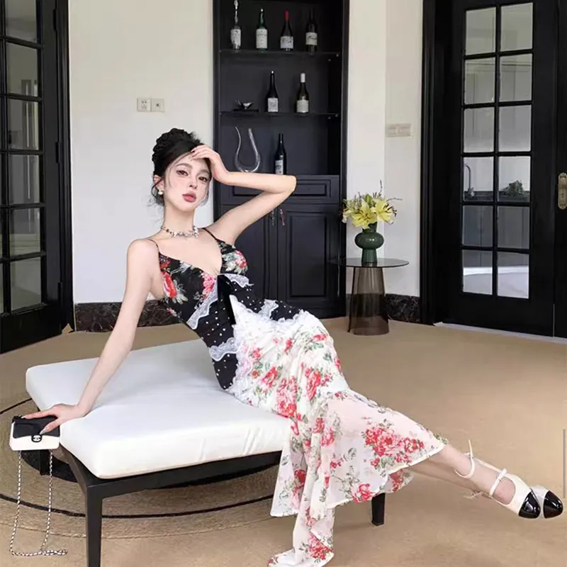 SECFLY OFFICIAL Slip Dress Women's Black White Floral Dress-4