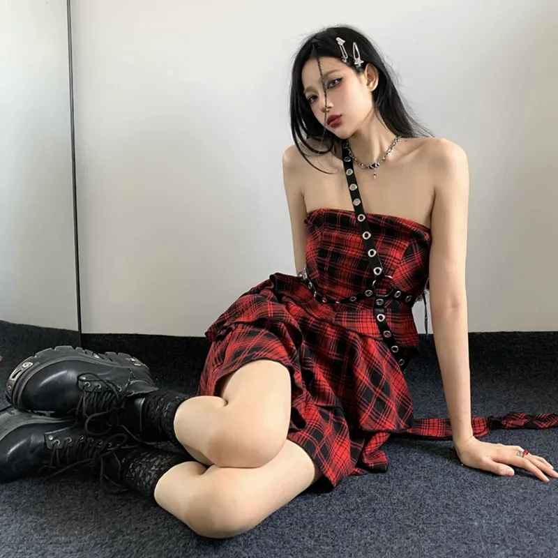 SECFLY OFFICIAL Sleeveless Dress Women's Red Black Plaid-2