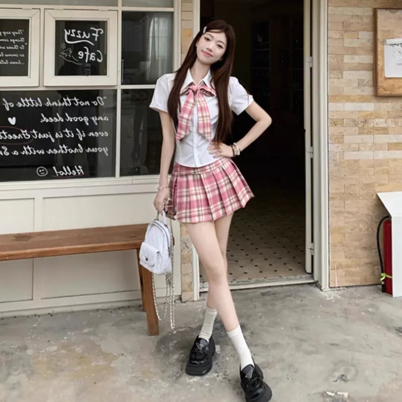 SECFLY OFFICIAL Skirt Set Women's White Top+Pink Skirt-2