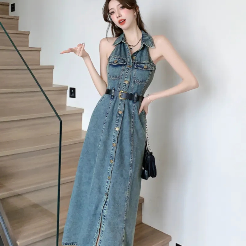 SECFLY OFFICIAL Sleeveless Dress Women's Vintage Dark Blue-4