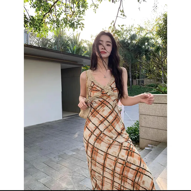 SECFLY OFFICIAL Slip Dress Women's Vintage Plaid-5