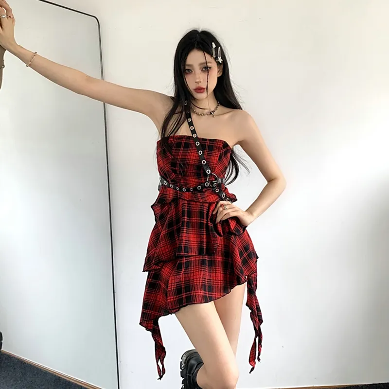 SECFLY OFFICIAL Sleeveless Dress Women's Red Black Plaid-5
