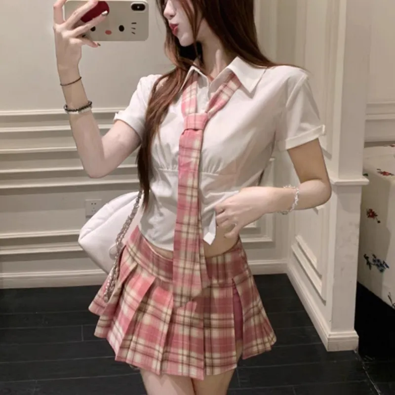 SECFLY OFFICIAL Skirt Set Women's White Top+Pink Skirt-5