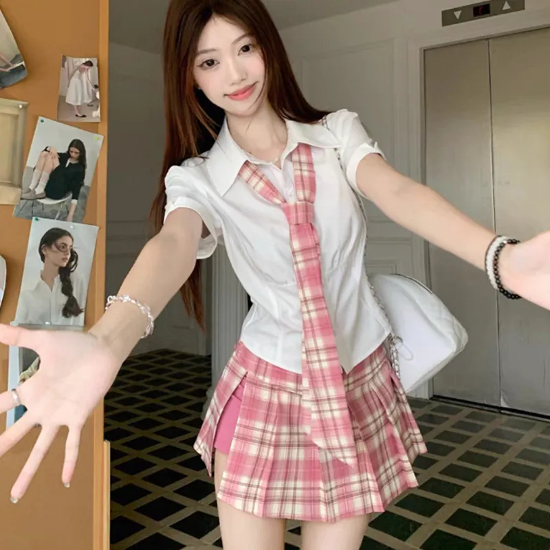 SECFLY OFFICIAL Skirt Set Women's White Top+Pink Skirt-4