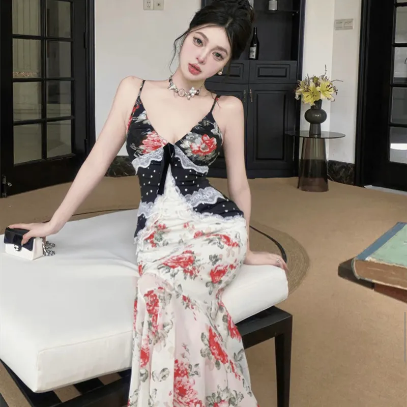 SECFLY OFFICIAL Slip Dress Women's Black White Floral Dress-5