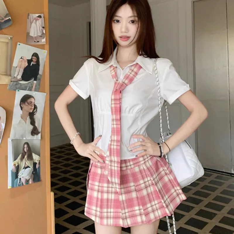 SECFLY OFFICIAL Skirt Set Women's White Top+Pink Skirt-3