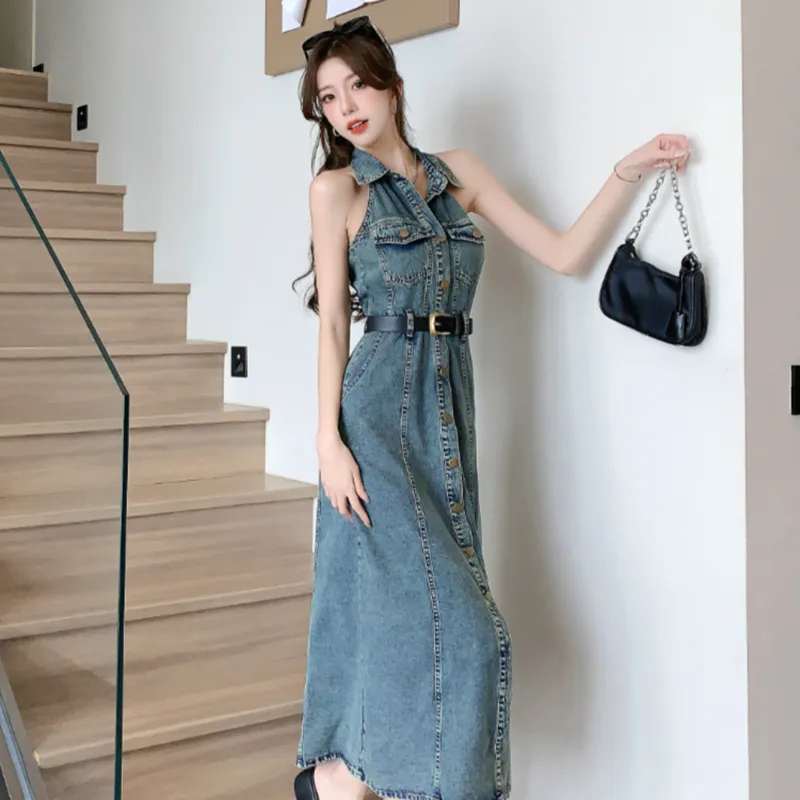 SECFLY OFFICIAL Sleeveless Dress Women's Vintage Dark Blue-5