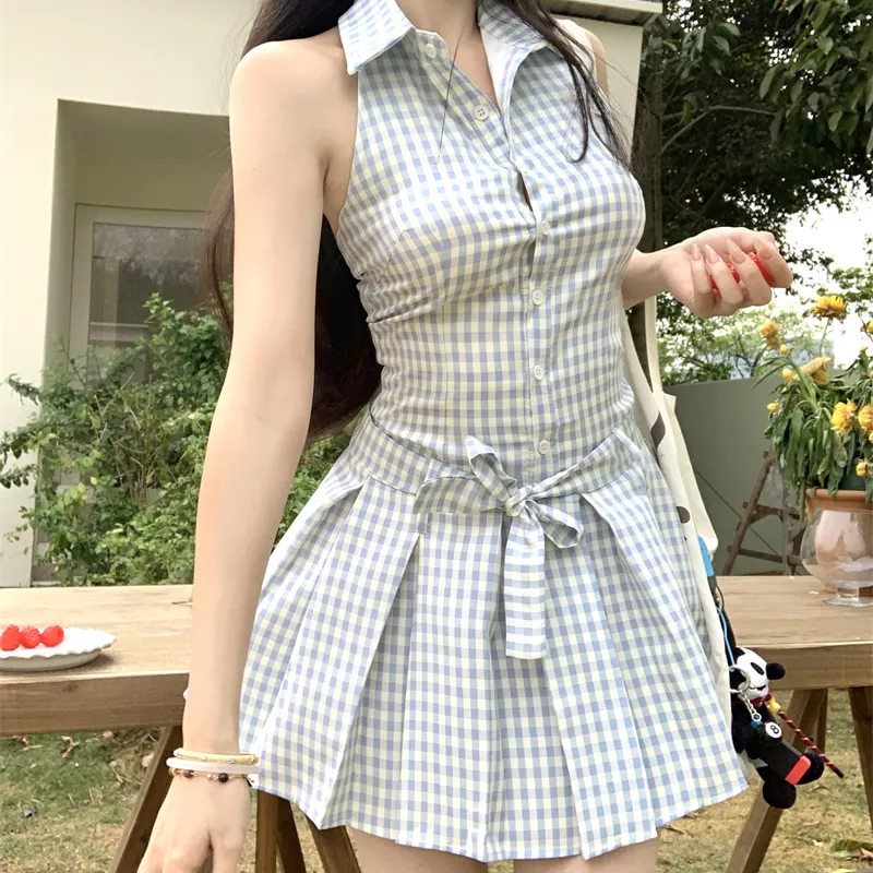 SECFLY OFFICIAL Sleeveless Dress Women's Blue Plaid Halter Top-6