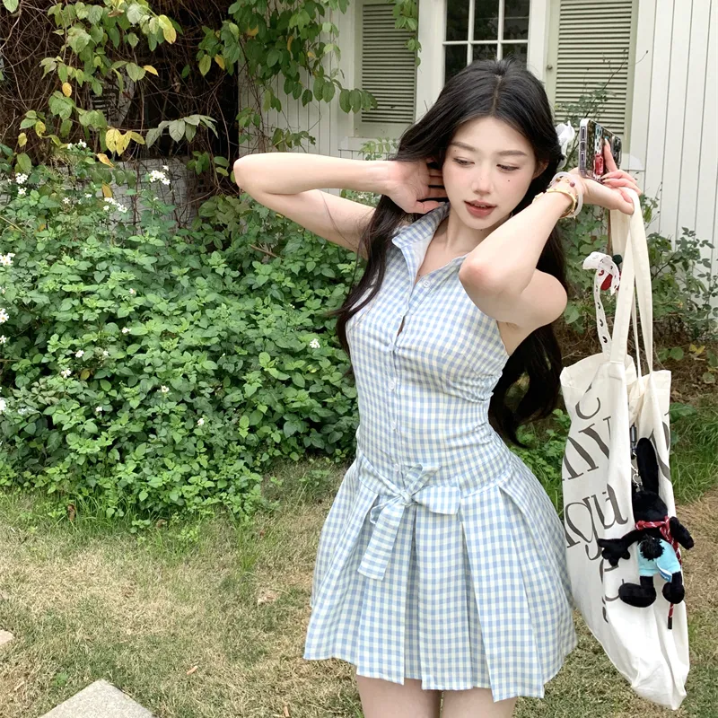 SECFLY OFFICIAL Sleeveless Dress Women's Blue Plaid Halter Top-2
