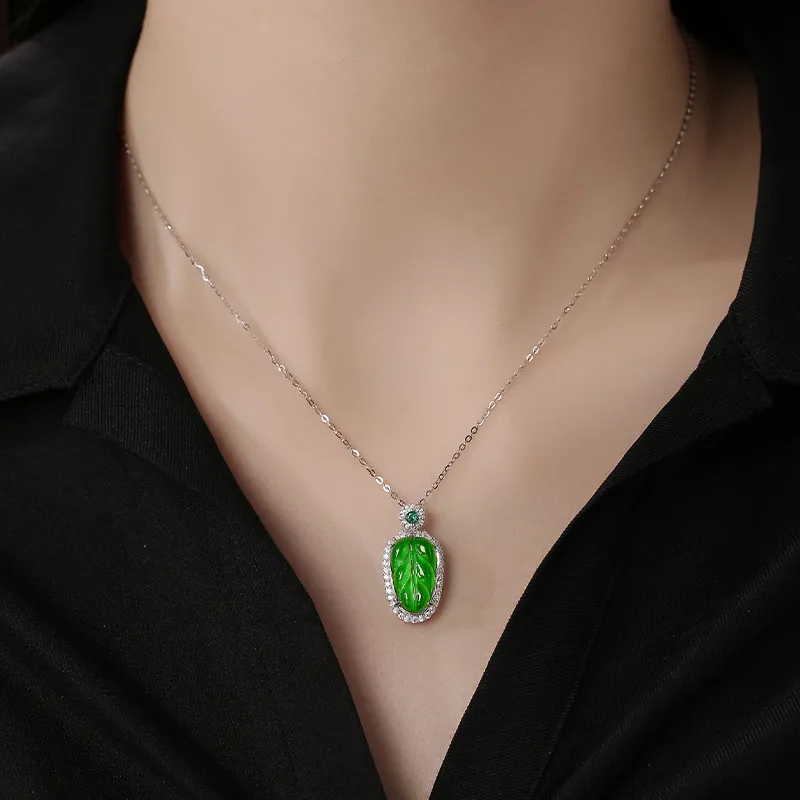 YUANYUXIANG Ice Type Jadeite Leaf Full Green Necklace Women's-2