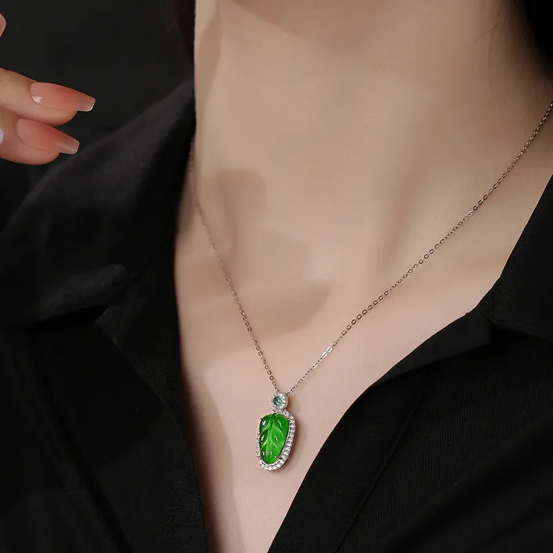 YUANYUXIANG Ice Type Jadeite Leaf Full Green Necklace Women's-3