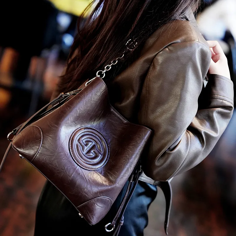 GELANDAI Cow Leather Handbags Shoulder Bags Women's Light Brown/dark Brown-7
