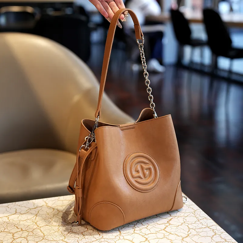 GELANDAI Cow Leather Handbags Shoulder Bags Women's Light Brown/dark Brown-5