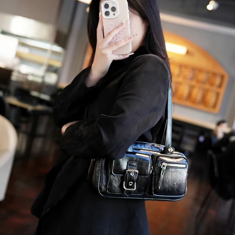 GELANDAI Cow Leather Shoulder Bag Women's Black/Brown-2