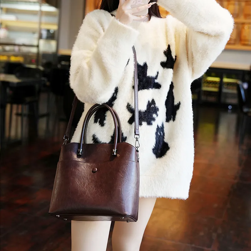 GELANDAI Vegetable Tanned Cow Leather Handbag, Shoulder Bag, Crossbody Bag Regular Women's Coffee/Black-4