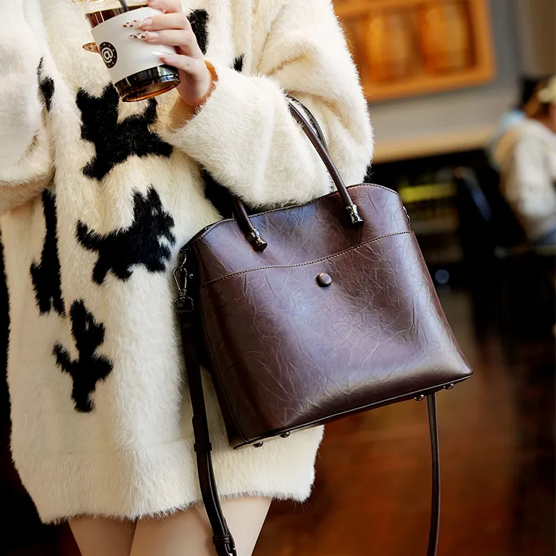 GELANDAI Vegetable Tanned Cow Leather Handbag, Shoulder Bag, Crossbody Bag Regular Women's Coffee/Black-2