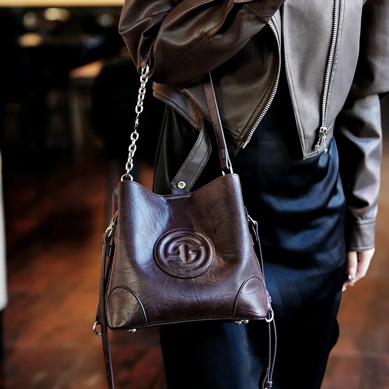 GELANDAI Cow Leather Handbags Shoulder Bags Women's Light Brown/dark Brown-9