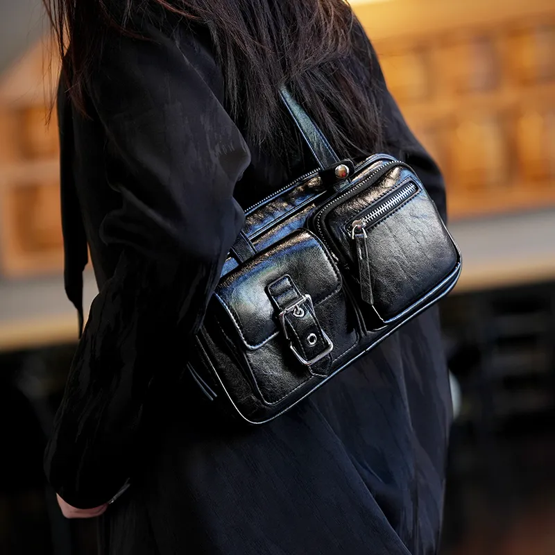 GELANDAI Cow Leather Shoulder Bag Women's Black/Brown-3