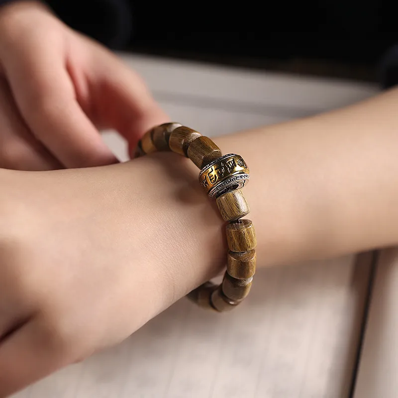 HANCANG Green Sandalwood Single Wrap Beaded Bracelet Unisex-3