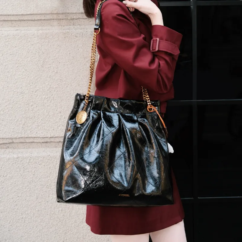 ANDFEEL Cow Leather Chain Tote Trash Bag, Shoulder Bag Tubas Women's Black-6