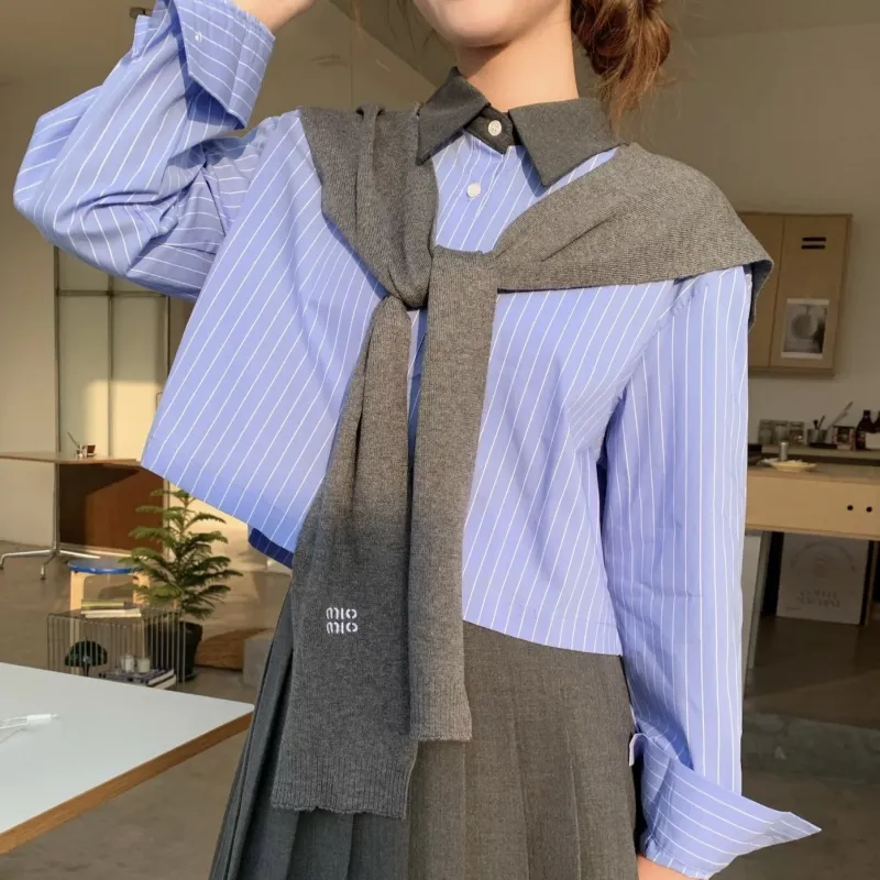 MISSHONEY MH Knitwear Women's Blue Striped Shirt+Gray Shawl-4
