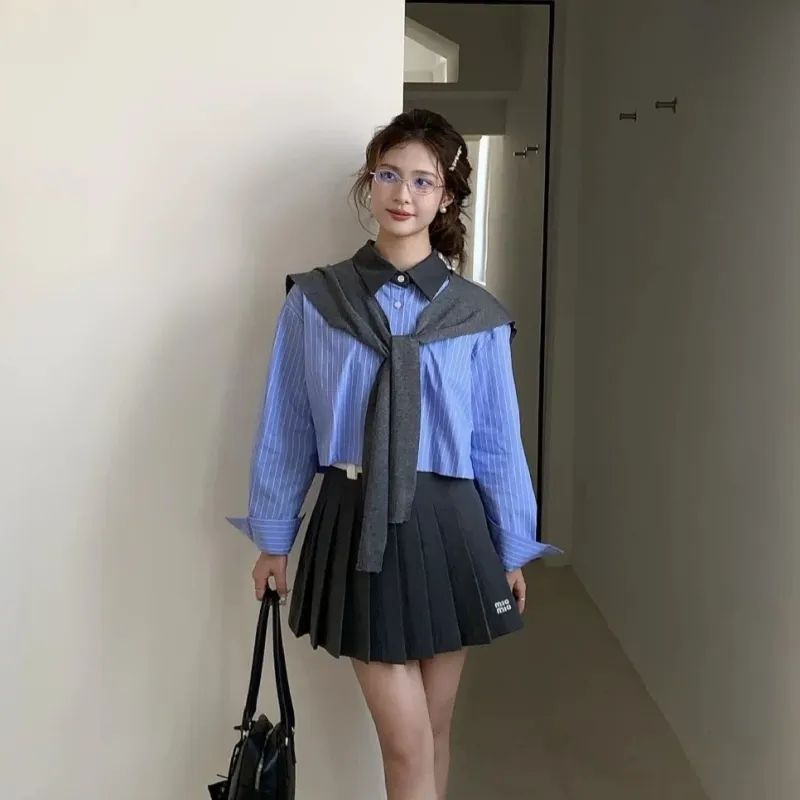 MISSHONEY MH Knitwear Women's Blue Striped Shirt+Gray Shawl-3