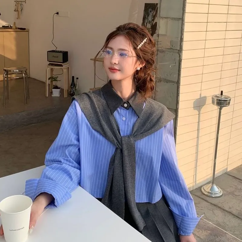 MISSHONEY MH Knitwear Women's Blue Striped Shirt+Gray Shawl-2