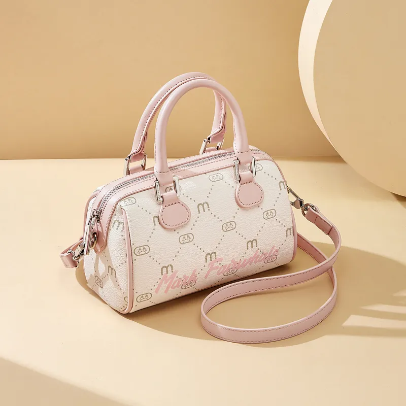 FAIRWHALE Trendy Vintage Commute Synthetic Leather Boston Bag Shoulder Bag Handbag Regular Women's Cherry Blossom Pink-5