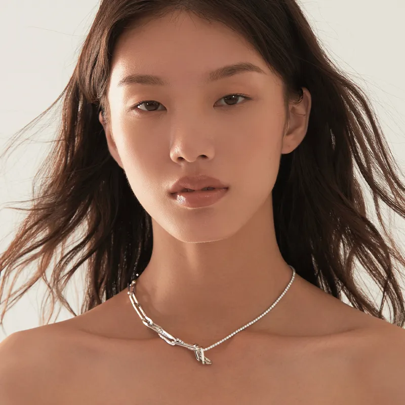 Mistova JEWELRY Eco Friendly Copper White Gold Plated Inlaid Synthetic Zircon Chain Ring Time Space Necklace Women's-4