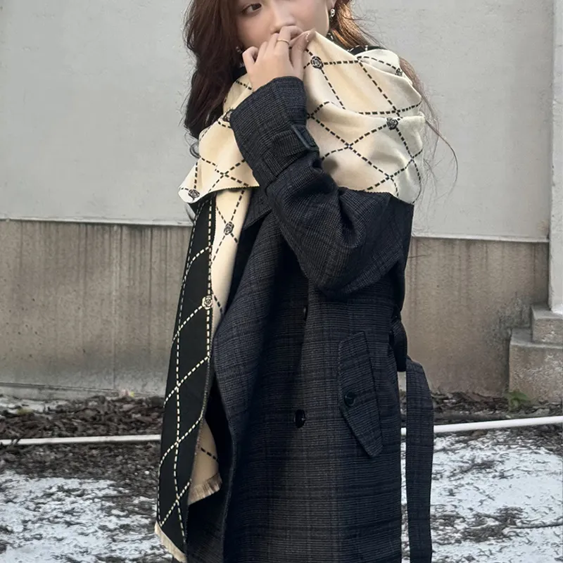 DULOREN Polyester Viscose Scarves Women's Black With White/Khaki-9