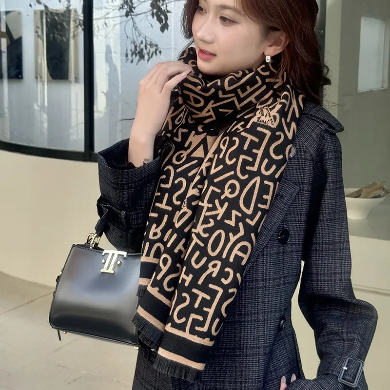 DULOREN Polyester Viscose Knit Scarves Women's Letter Coffee/Letter Black-1