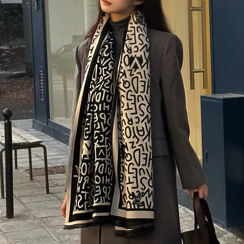 DULOREN Polyester Viscose Knit Scarves Women's Letter Coffee/Letter Black-6
