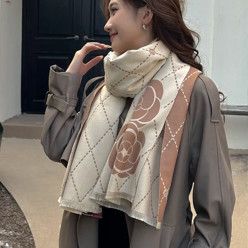 DULOREN Polyester Viscose Scarves Women's Black With White/Khaki-1