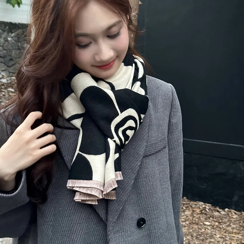 DULOREN Polyester Viscose Scarves Women's Black & White-3