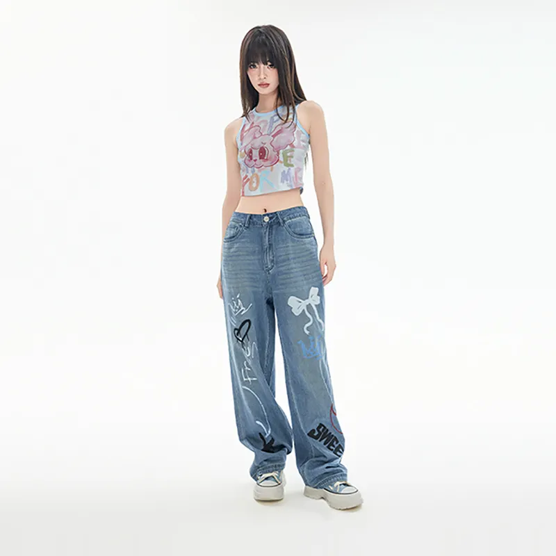 LALABOBO Jeans Women's Medium Blue White-5