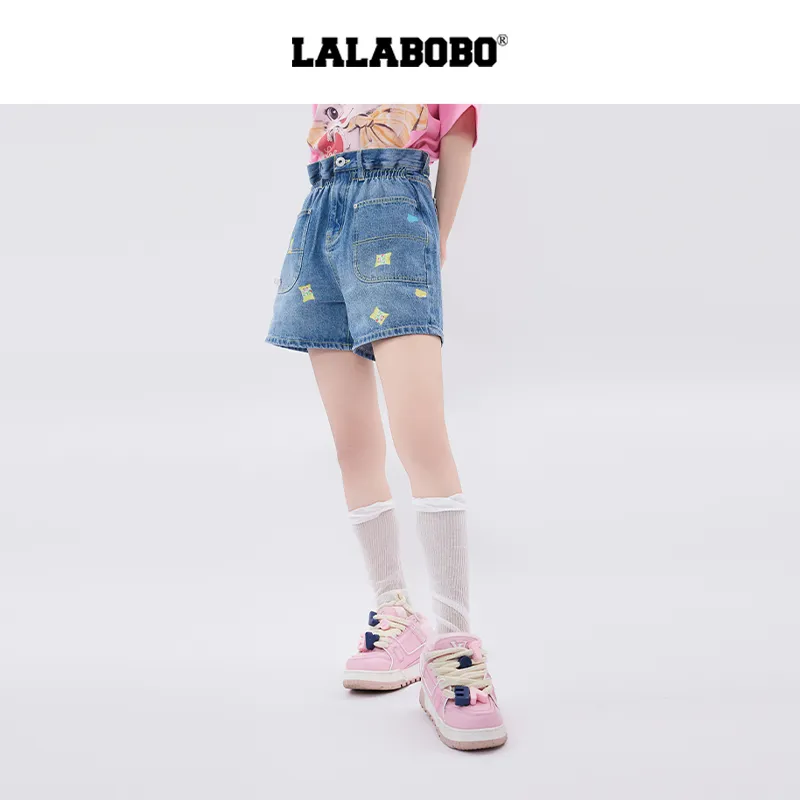 LALABOBO Denim Shorts Women's Medium Blue White-5