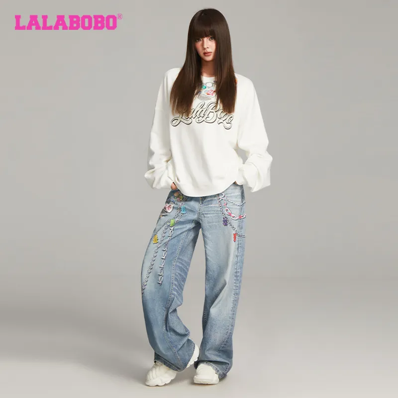 LALABOBO Jeans Unisex Medium Blue White-4