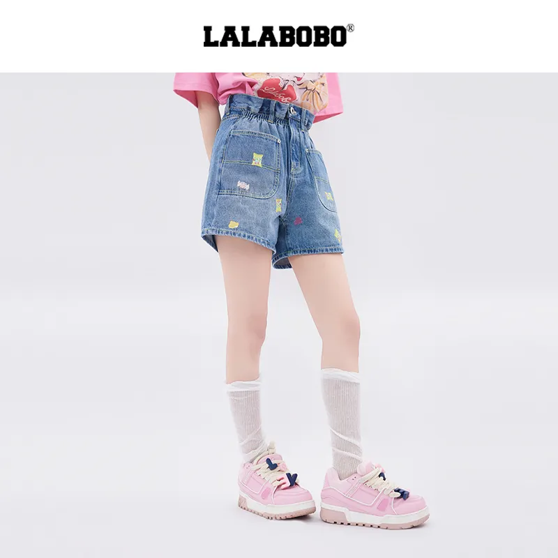 LALABOBO Denim Shorts Women's Medium Blue White-6