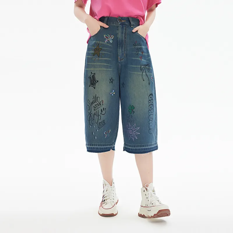 LALABOBO Denim Shorts Women's Medium Blue White-3
