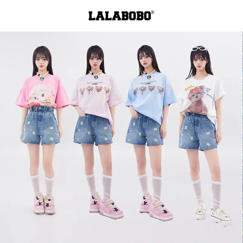 LALABOBO Denim Shorts Women's Medium Blue White-3