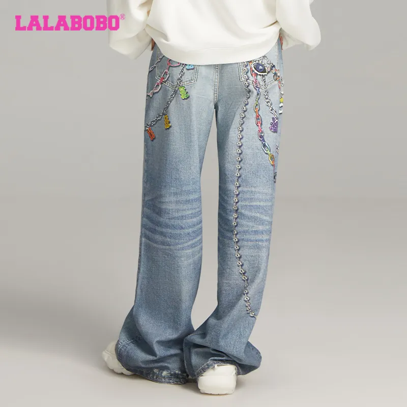 LALABOBO Jeans Unisex Medium Blue White-2