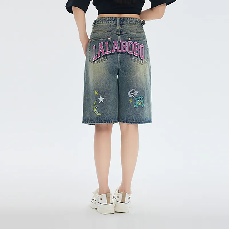 LALABOBO Denim Shorts Women's Medium Blue White-2