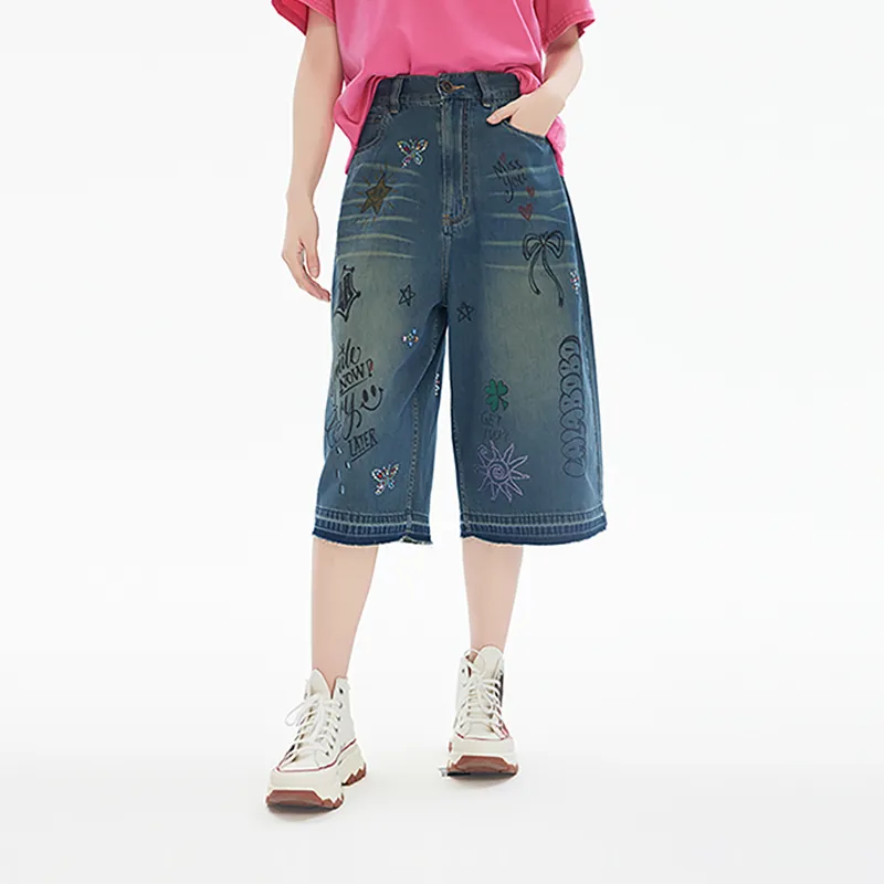 LALABOBO Denim Shorts Women's Medium Blue White-2