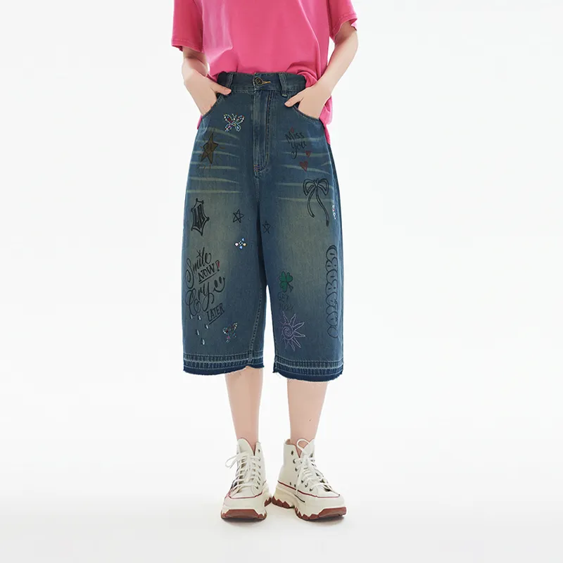 LALABOBO Denim Shorts Women's Medium Blue White-1